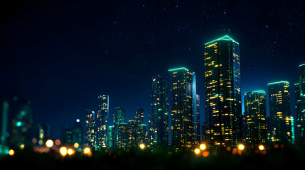 Obraz premium Vibrant Cityscape Shines with Warm Light Under Dark Starry Skies at Night