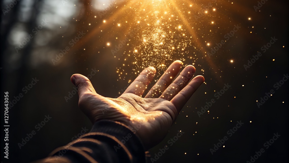 Poster Golden Celestial Hand: Hyperrealistic Open Palm Radiating Divine Light, Sparkling Particles, Dark Background, Intense Gold Illumination, Spiritual Energy,      