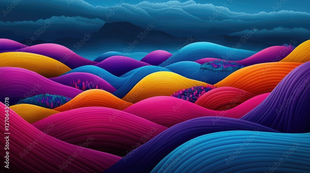 Poster acid rain climate change concept. a vibrant digital landscape with rolling hills in vivid colors and