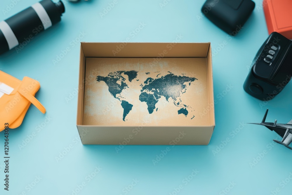 Poster intricately designed box featuring a colorful world map illustrating continents and oceans evoking a