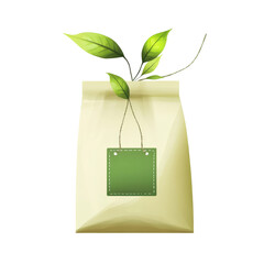 a green tea bag clipart, tea accessory element, vector design, paper bag with green label, isolated on white background