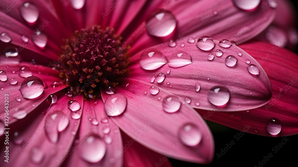 Poster closeup macro shot of a soft and fragile flower petal covered in pristine dewdrops highlighting the 