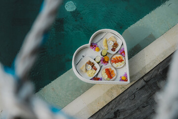Floating Breakfast in a Heart-Shaped Tray in Bali