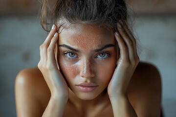 Naklejka premium Young woman sneezing on the sofa, suffering from spring allergies, holding pills.
