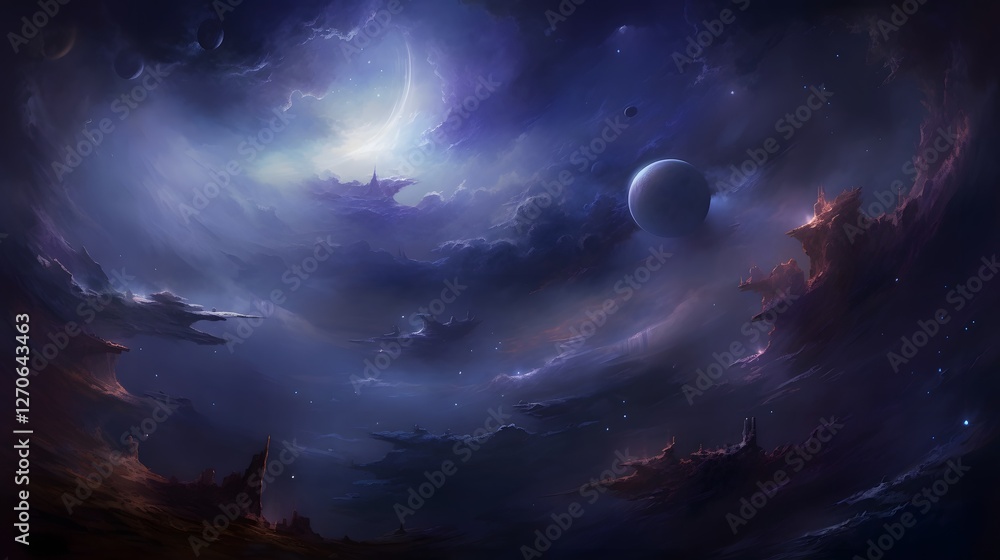 Poster mesmerizing swirling nebula in the depths of the cosmic void with ethereal hues of blue and purple c