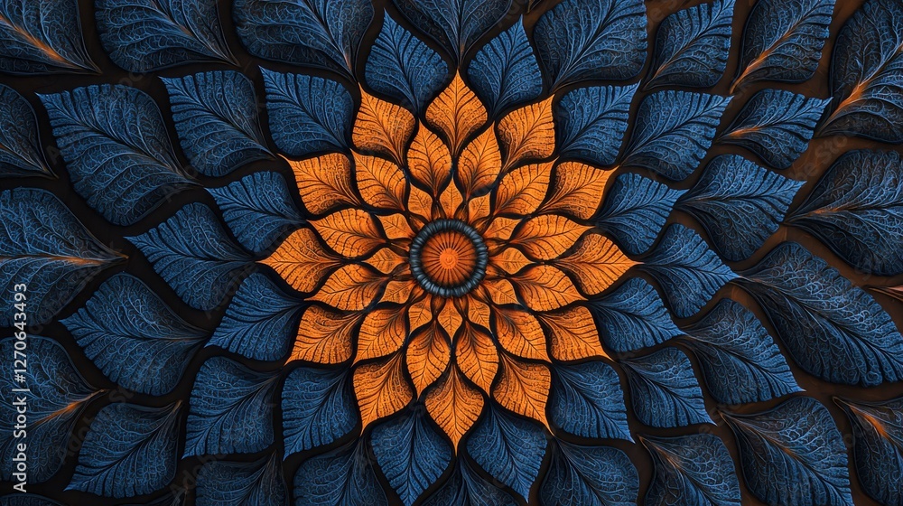 Poster a vibrant mandala featuring dark blue and orange leaf patterns, creating an intricate and harmonious