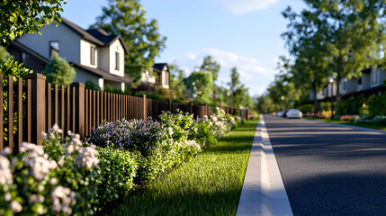 Obraz premium Residential Street View Featuring Modern Houses and Blooming Flowers in a Peaceful Suburban Neighborhood