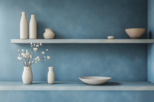 Minimalist pottery shelf, blue wall, flowers, home decor