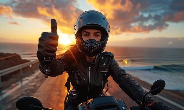 A confident motorcyclist giving a thumbs up at sunset along a coastal road, with waves crashing in the background
