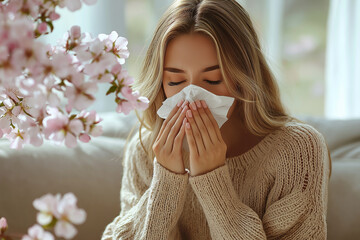 Young woman sneezing on the sofa, suffering from spring allergies, holding pills.