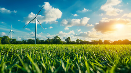 Vibrant Green Field with Wind Turbines Under Blue Sky and Sunlight Renewable Energy Landscape