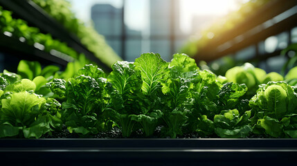 Rows of Green Lettuce in Hydroponic System with Sunlight and City Background