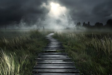 Fototapeta premium Misty path, wood boardwalk, dark sky, hope