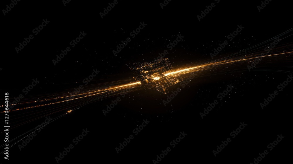 Poster abstract depiction of a glowing structure in space, surrounded by shimmering particles and dark back