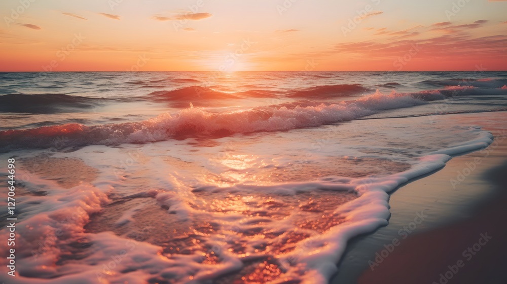 Poster soft focus sunset over a quiet beach with gentle waves lapping at the shore creating a serene and tr