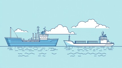 Flat Cartoon Outline of Ships for Transporting Small and Large Cargo