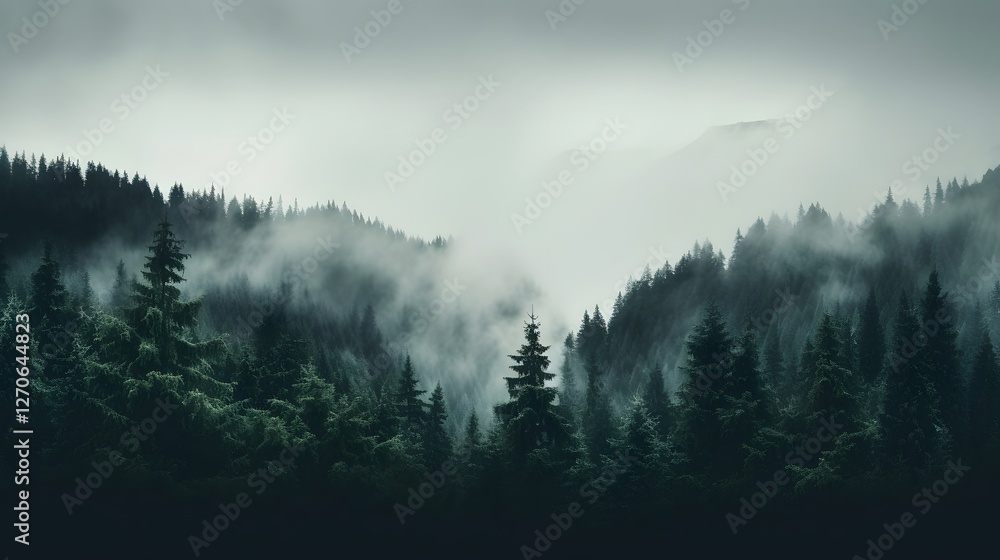 Poster mysterious fog enveloping a serene pine forest landscape a captivating and atmospheric scene of an e