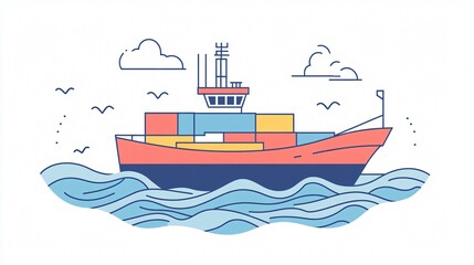 Small Cargo Ship Floating on Azure Mediterranean Sea Illustration