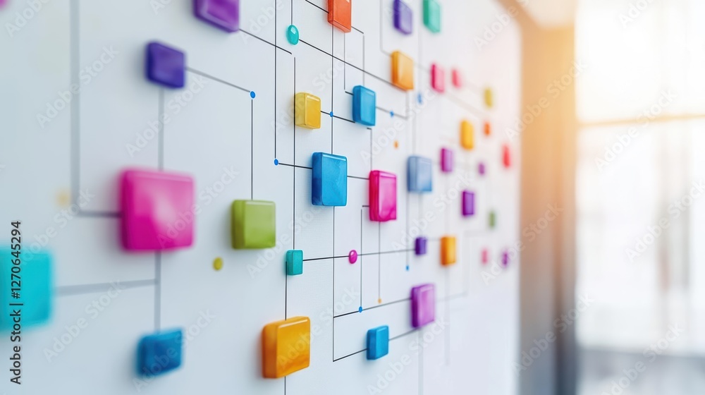 Poster vibrant display of colorful sticky notes covering a wall creating a dynamic and engaging workspace f