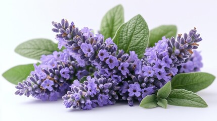 Fresh Lavender Flowers with Green Leaves on White Background. Generative AI