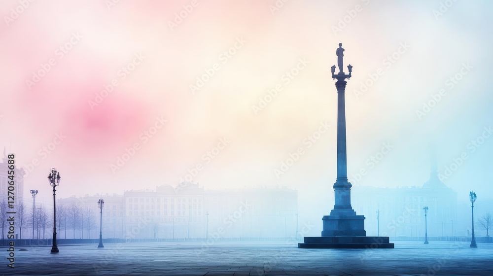 Aufkleber Misty Cityscape Featuring a Striking Statue Surrounded by Ethereal Fog Creating an Enigmatic and Atmospheric Urban Scene in a Gloomy Setting