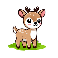 A charming baby deer with big, sparkling eyes and tiny antlers, standing on a grassy patch. Perfect for children's books, nursery decor, greeting cards, and more. Download now to add a touch of cutene