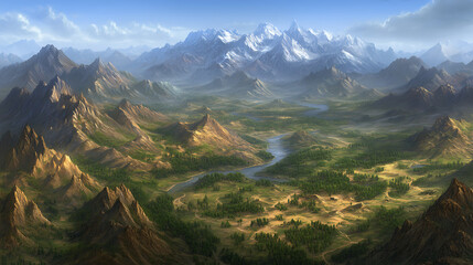 Fototapeta premium Expansive Valley River Surrounded by Jagged Peaks and Distant Snowy Mountains Landscape View