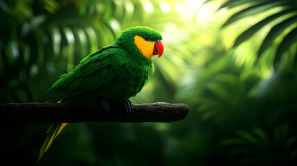 Obraz premium Vibrant Green Parrot Perched on a Branch in a Lush Tropical Rainforest with Bright Sunny Backdrop