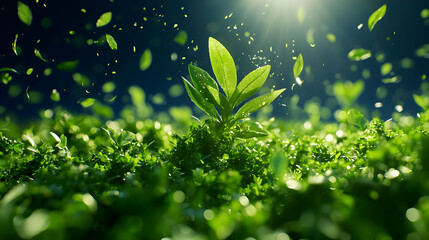 Vibrant Green Plant with Bokeh and Floating Leaves in Natural Sunlight