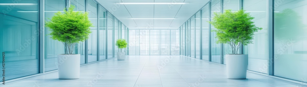 Poster elegant long corridor adorned with lush green plants in pristine white vases creating a calm and inv