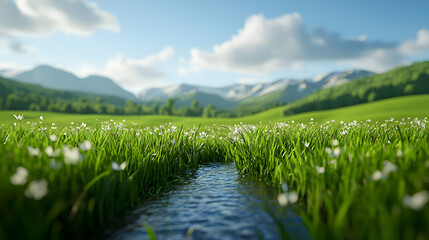Fototapeta premium Scenic Green Meadow Landscape with Stream and Distant Mountains Under Blue Sky