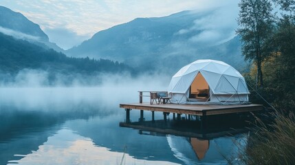 Tranquil dome tent on a wooden platform over a serene lake, surrounded by misty mountains.