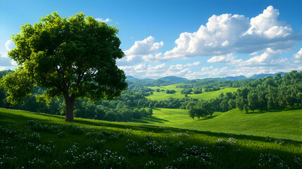 Obraz premium Scenic Green Meadow with Single Tree and Rolling Hills Under a Partly Cloudy Sky