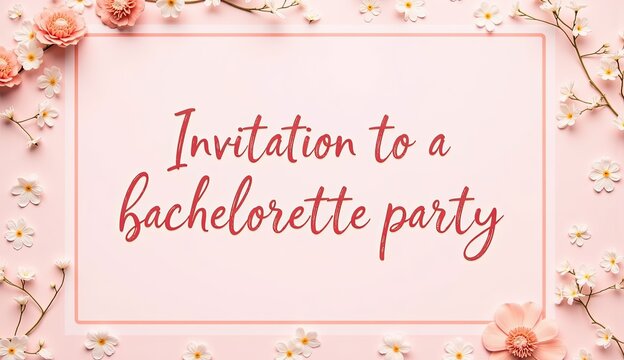 Charming bachelorette party invitation card with floral accents on a pastel pink background