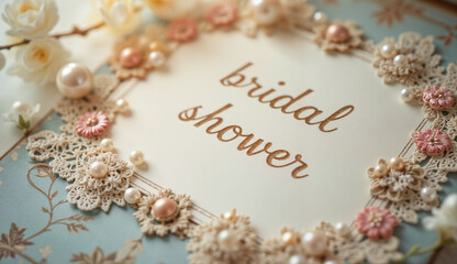 Luxurious bridal shower invitation card adorned with lace and pearls on a decorative background