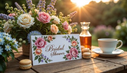 Elegant bridal shower invitation card displayed on a table with flowers and refreshments
