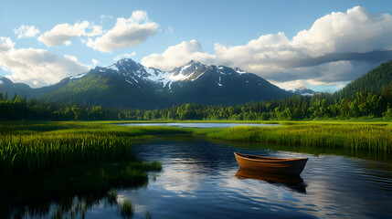 Obraz premium Scenic Lake Landscape with Boat Reflecting Mountains and Forest Under Cloudy Sky