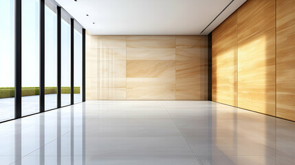 Modern empty office, sunlit, city view, design