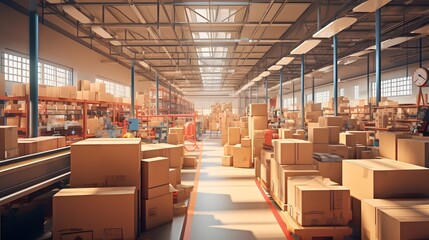 Efficient Digital E Commerce Warehouse with Automated Conveyor Belts and Packed Boxes for Seamless Logistics and Inventory Management