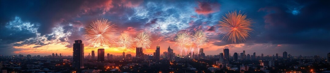 Obraz premium Fireworks Lighting up a Vibrant City Skyline During Sunset. Generative AI