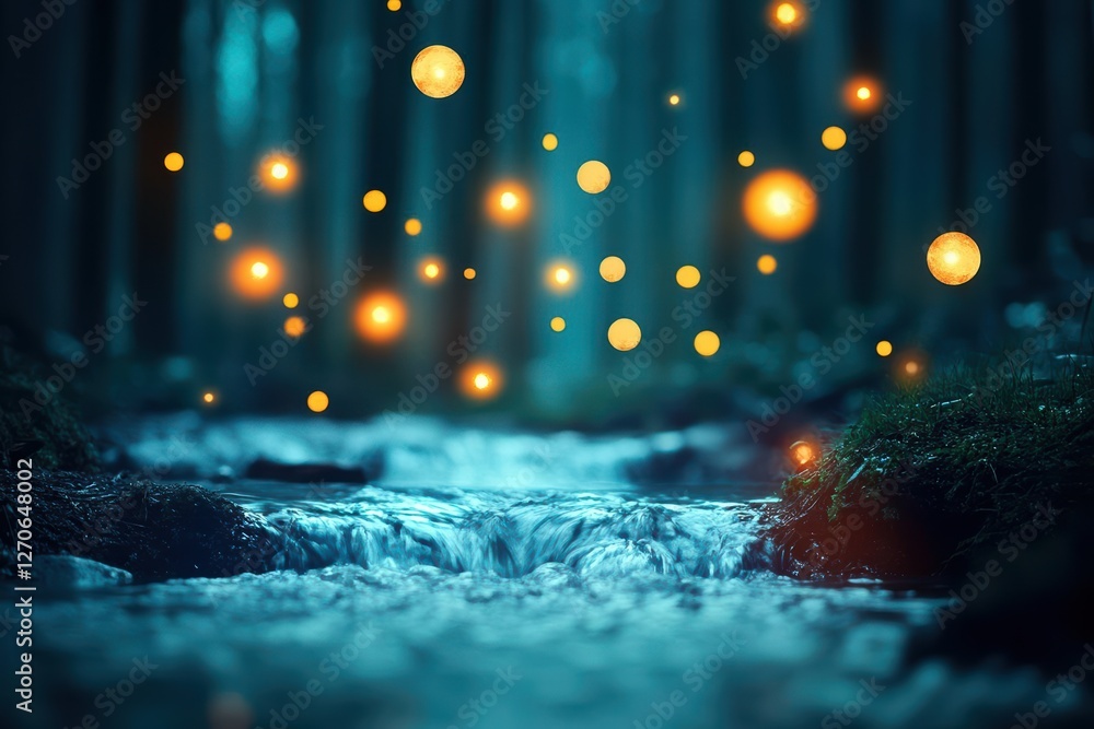 Poster enchanting stream of water flowing gently through a lush landscape illuminated by twinkling lights c