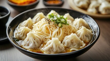 Delicious dumpling noodle soup served in a black ceramic bowl