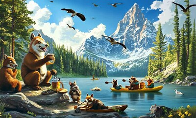 A whimsical gathering of forest animals enjoying a lakeside picnic in a vibrant mountain landscape