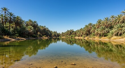 Serenity of a tranquil oasis reflecting palm trees under a clear blue sky in the heart of nature