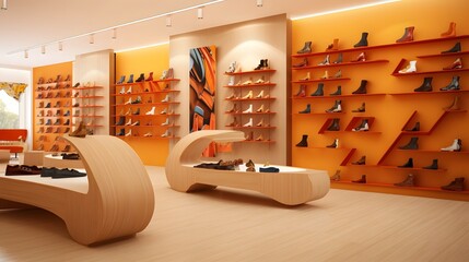 Stylish and Modern Shoe Store Interior with Sleek Wooden Displays Showcasing Trendy and High End Footwear Merchandise