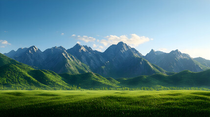 Voxel Art Style Mountain Range Green Field Under Blue Sky