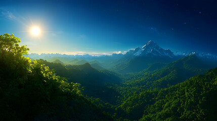 Voxel Landscape of Green Hills with Cityscape and Snowy Mountain Peaks at Dawn