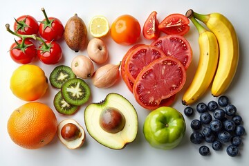 Colorful processed foods arranged on white surface, showcasing modern dietary habits and the impact of convenience on nutrition and lifestyle choices.