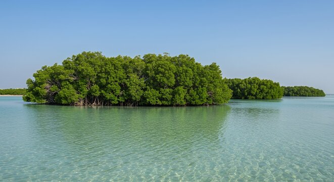 The surreal limestone rock formations of Zekreet by crystal clear waters under a bright blue sky in serene coastal paradise