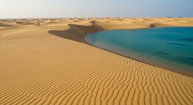The vast golden dunes of Khor Al Adaid (Inland Sea), Golden dunes embrace a tranquil oasis under a clear sky in a breathtaking desert landscape